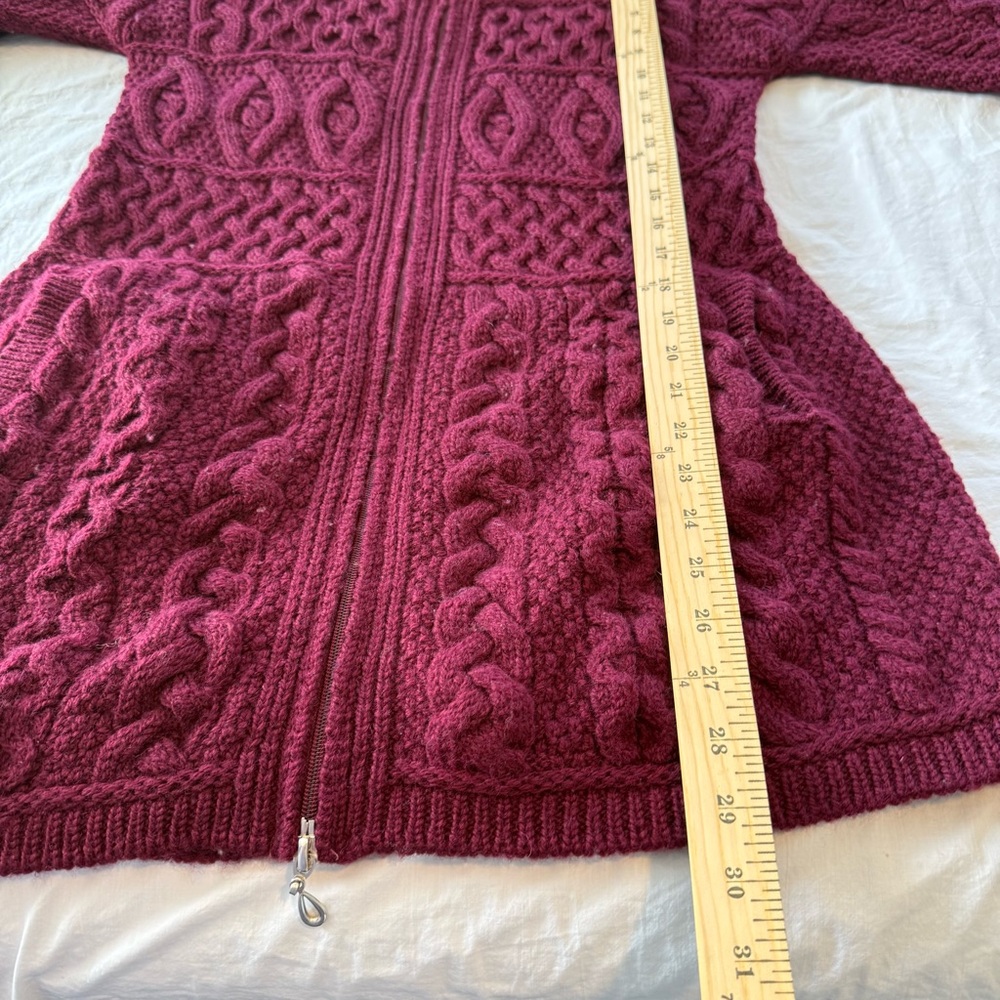 Inis Crafts 100% Wool Burgundy Cable Knit Cardigan, Size M - Picture 7 of 9